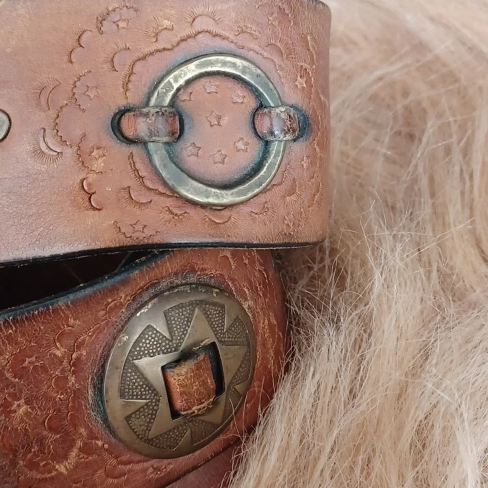 Vintage Chunky Distresed Brown Leather Belt with Brass Accents